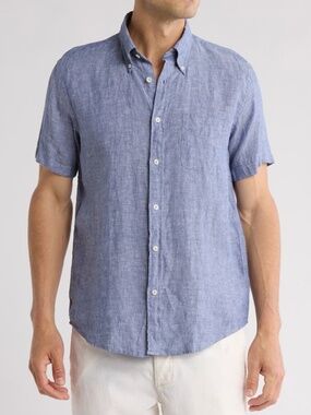 EUC. Linen [Brooks Brothers] Short Sleeve Blue Button Down Pocket Shirt | Medium